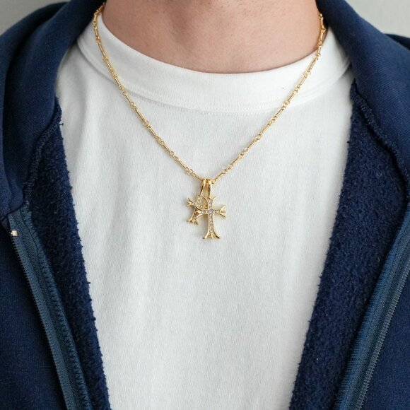 gold double cross dimond stone pendant necklace - Picture 6 of 11